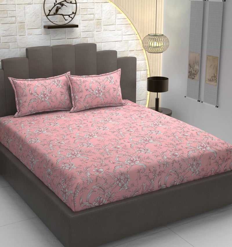 TIB Glace Cotton Elastic Fitted Bedsheets Double Bed 72x78x8 Inches with 2 Pillow Covers, 210TC (Pink Flower, Double) - Image 1