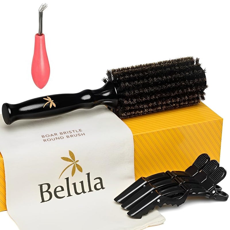 Belula 100 Soft Boar Bristle Round Brush for Blow Drying Set Round Hair Brush With Medium 21 Wooden Barrel Hairbrush Ideal to Add Volume and Body Free 3 x Hair Clips  Travel Bag