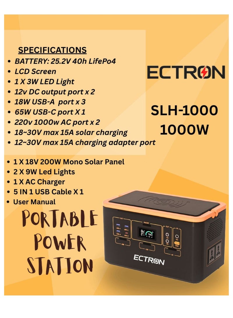 محطة طاقة محمولة ECTRON SLH-1000 1000 واط بطارية LiFePO4 مولد شمسي للاستخدام المنزلي، التخييم، RV، احتياطي الطوارئ - Image 2
