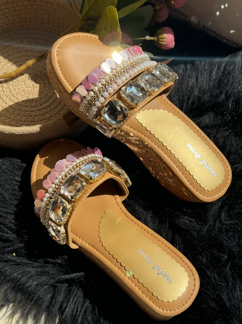 Sandal Stories Beige Shimmer Wedges for Women