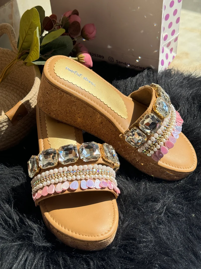 Sandal Stories Beige Shimmer Wedges for Women