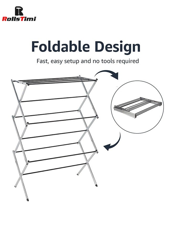 RollsTimi  Foldable Laundry Rack for Air Drying Clothing, 36.8x74.9x105.9cm(LxWxH), Chrome Silver - Image 4