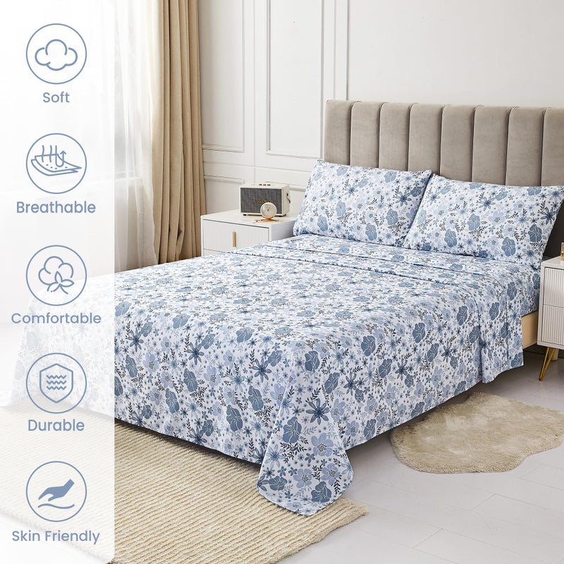 Mooreeke Full Size Sheets Set - 4 Piece Soft Breathable Microfiber Bed Sheet Set - Blue & White Flower Pattern Sheet Set Full - Deep Pocket Non-Slip Floral Fitted Sheet Included for All Season - Image 3