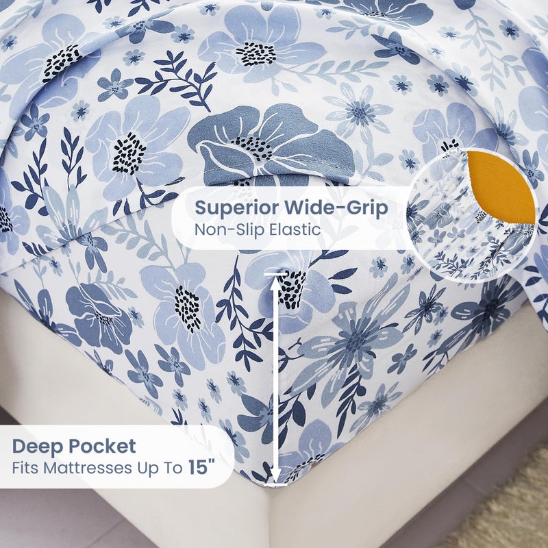Mooreeke Full Size Sheets Set - 4 Piece Soft Breathable Microfiber Bed Sheet Set - Blue & White Flower Pattern Sheet Set Full - Deep Pocket Non-Slip Floral Fitted Sheet Included for All Season - Image 4