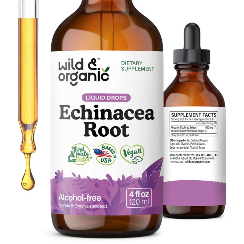 Wild Organic Echinacea Drops Immune Support Supplement with Echinacea Angustifolia Liquid Root Extract Tincture Vegan Sugar AlcoholFree 4 fl oz