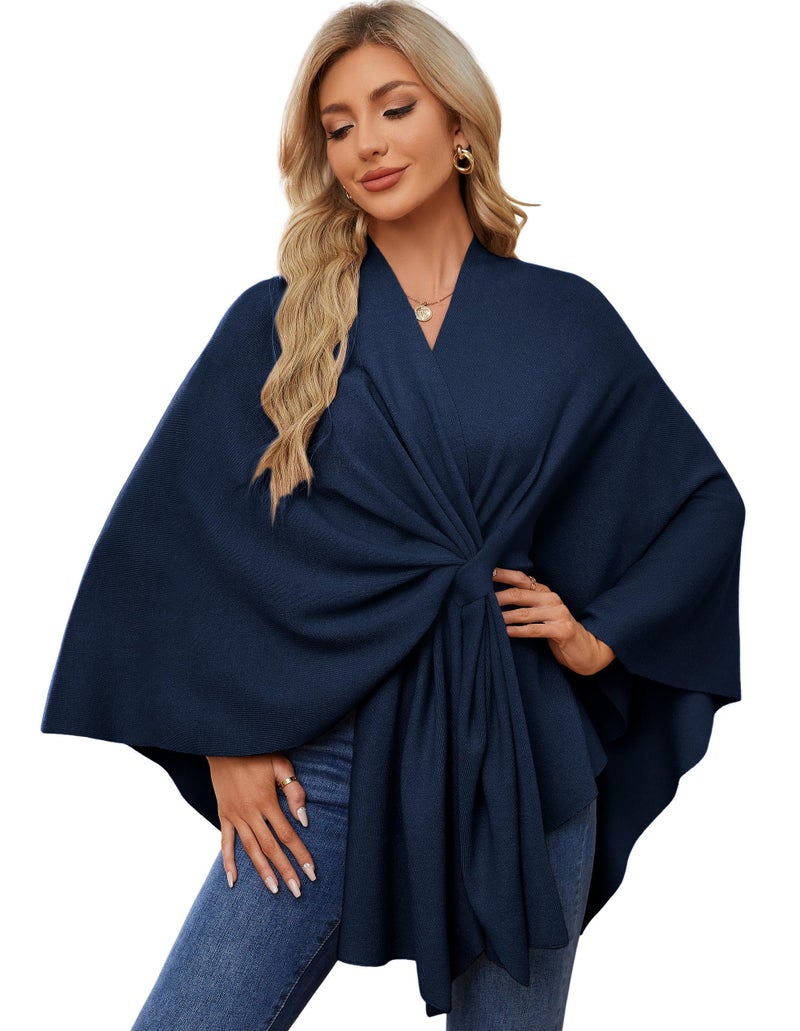 PULI Women's Elegant Shawl Wraps Soft Open Front Poncho Sweater for Spring Fall Winter Dark Slate Blue - Image 1