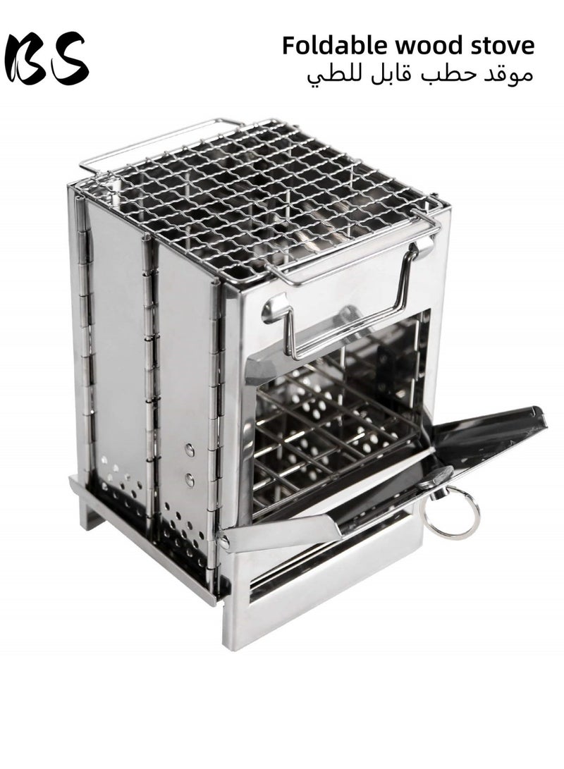 BS 304 stainless steel foldable wood-burning camping stove | with storage bag | compact and portable | portable | multi-fuel compatible | perfect for hiking, camping, and survival grilling - Image 1