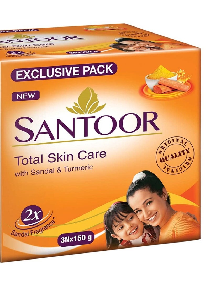 Santoor Total Skin Care Sandal & Turmeric Soap, 150g (Pack of 3) - Image 1