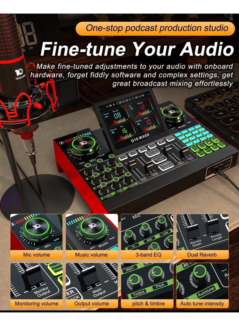 G10 Gaming Audio Mixer，Podcast Equipment Live Sound Card for Streaming，Audio Interface DJ Mixer Sound Card/Board Condenser Microphone for Tiktok Gaming Video Content Creator Kit - Image 3