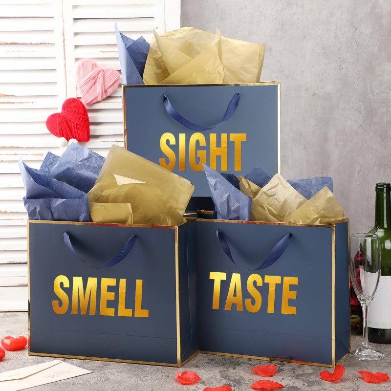 Kolldenn 5 Senses Gift Bags for Him Her Five Senses Gift Bag with Ribbon Handles and Tissue Paper Present Wrappings for Valentine Wedding Birthday Mothers Day(Navy Blue,11.8 x 10 x 4 Inch) - Image 3