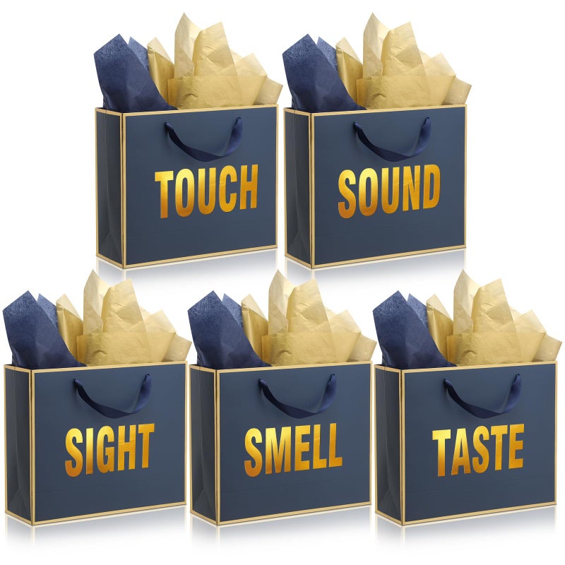 Kolldenn 5 Senses Gift Bags for Him Her Five Senses Gift Bag with Ribbon Handles and Tissue Paper Present Wrappings for Valentine Wedding Birthday Mothers Day(Navy Blue,11.8 x 10 x 4 Inch) - Image 1