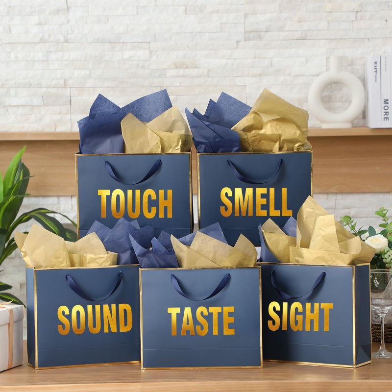 Kolldenn 5 Senses Gift Bags for Him Her Five Senses Gift Bag with Ribbon Handles and Tissue Paper Present Wrappings for Valentine Wedding Birthday Mothers Day(Navy Blue,11.8 x 10 x 4 Inch) - Image 4