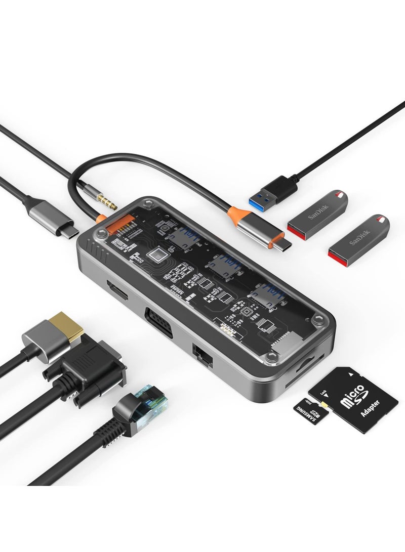 Captaintech 10,in,1 USB C Hub Adapter Docking Station with 4K HDMI, VGA, Type C PD, USB 3.0, RJ45 Ethernet, SD/TF Card Reader, 3.5mm AUX for MacBook Pro/Air and Type C Devices - Image 1