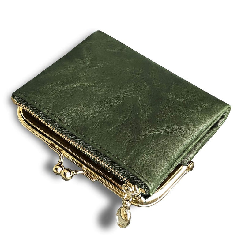 AOXONEL Womens Wallet Small Rfid Ladies Compact Bifold Leather Vintage Coin Purse With Zipper and Kiss Lock (Green) - Image 1