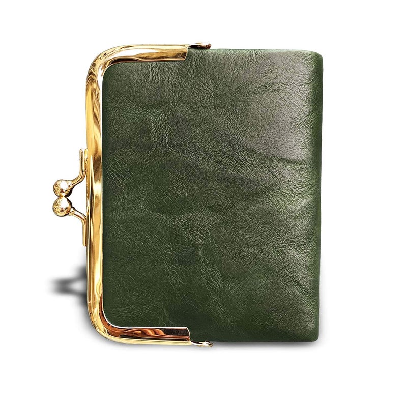 AOXONEL Womens Wallet Small Rfid Ladies Compact Bifold Leather Vintage Coin Purse With Zipper and Kiss Lock (Green) - Image 3