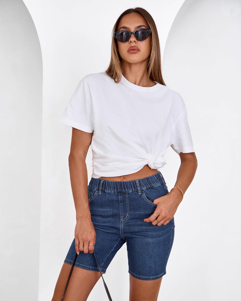 luvamia Jean Shorts for Women Trendy Pull On Mid Rise Elastic Waist Summer Casual Stretchy Long Denim Walking Shorts Indigo Dark Blue Size Large Fits US 12-14 - Image 3