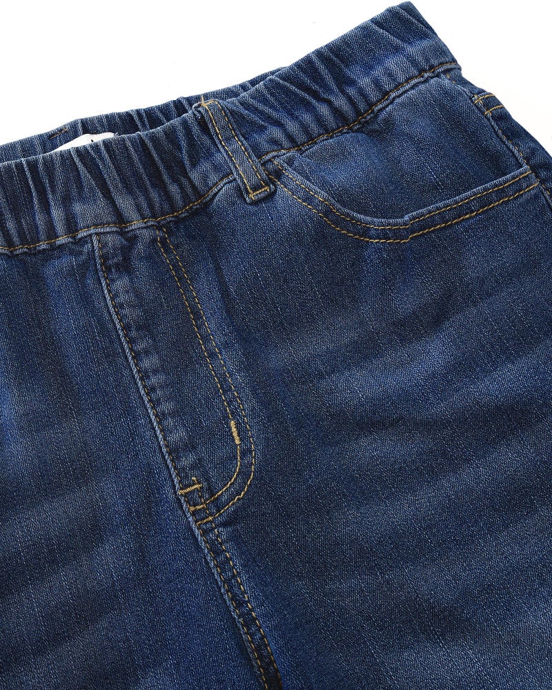 luvamia Jean Shorts for Women Trendy Pull On Mid Rise Elastic Waist Summer Casual Stretchy Long Denim Walking Shorts Indigo Dark Blue Size Large Fits US 12-14 - Image 4