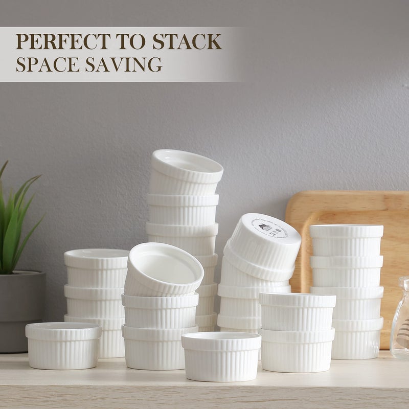 MALACASA Mini Ramekins 2 oz set of 24, Ramiken, Ceramic Creme Brulee Ramekins, White Custard Cups, Small Dipping Bowls for Kitchen Serving Sauce Condiments, Dishwasher Oven Safe, Series RAMEKIN.DISH - Image 2