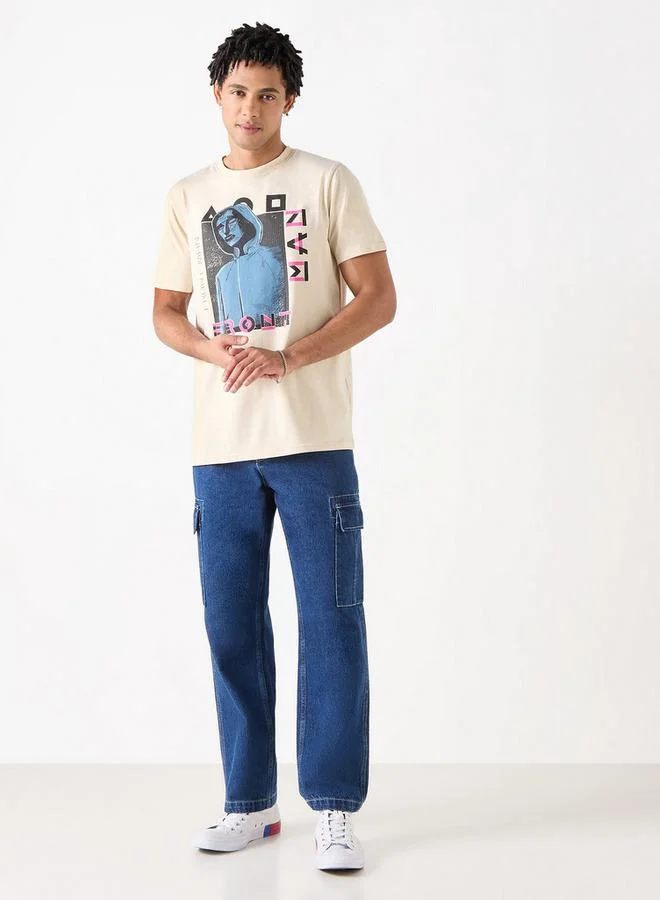 SP Characters Front Man Print Crew Neck T-shirt with Short Sleeves