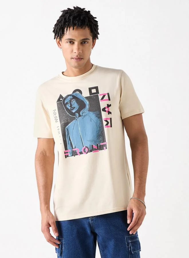 Front Man Print Crew Neck T-shirt with Short Sleeves