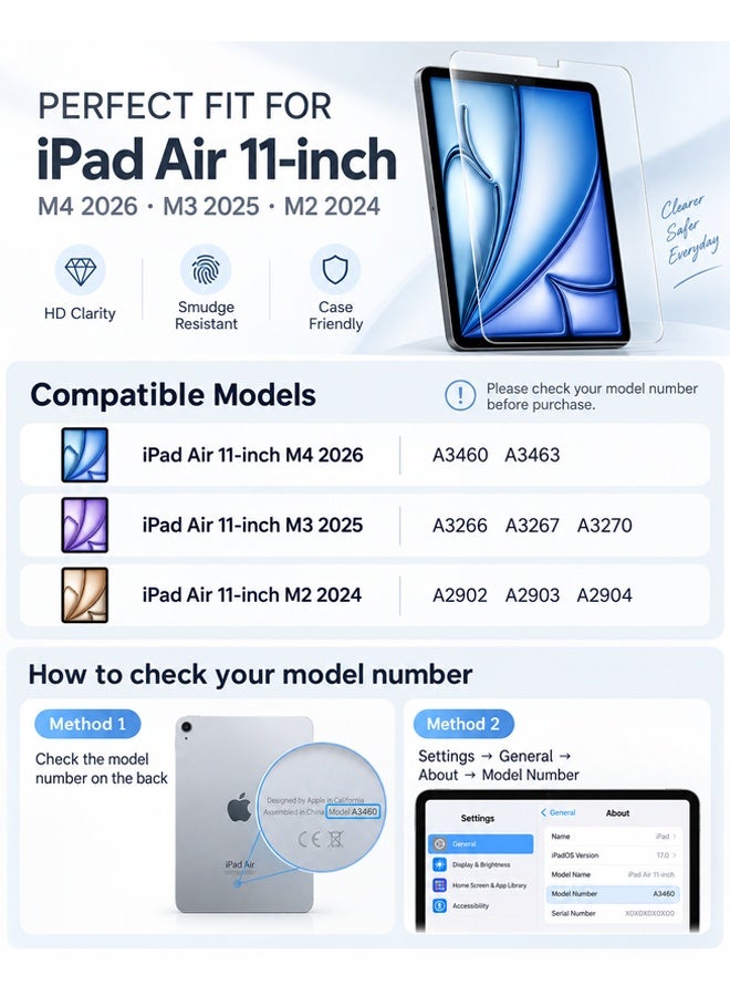 WAEKIL 2 Pack Screen Protector for iPad Air 11 Inch M4/M3/M2 (2026/2025/2024), 9H Tempered Glass for iPad Air 8th/7th/6th Gen, Anti-Scratch HD Clear Case Friendly Tablet Screen Protector - Image 2