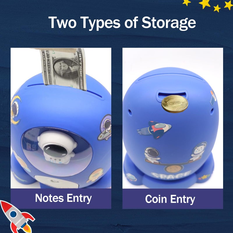 Trez Treamer Rocket Ship Piggy Bank for Boys Money Safe Astronaut Piggy Banks for Kids Cash Coin Can ATM Bank Coin Money Bank for Kids with Key Astronaut Sticker Practical Gifts for Children Boys and Girls (Blue) - Image 2