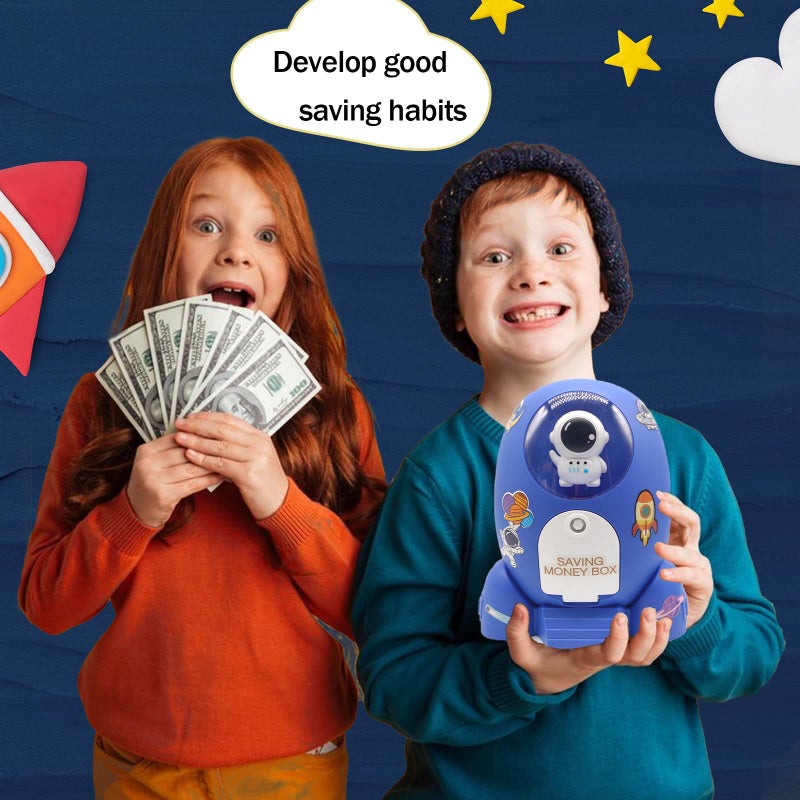 Trez Treamer Rocket Ship Piggy Bank for Boys Money Safe Astronaut Piggy Banks for Kids Cash Coin Can ATM Bank Coin Money Bank for Kids with Key Astronaut Sticker Practical Gifts for Children Boys and Girls (Blue) - Image 3