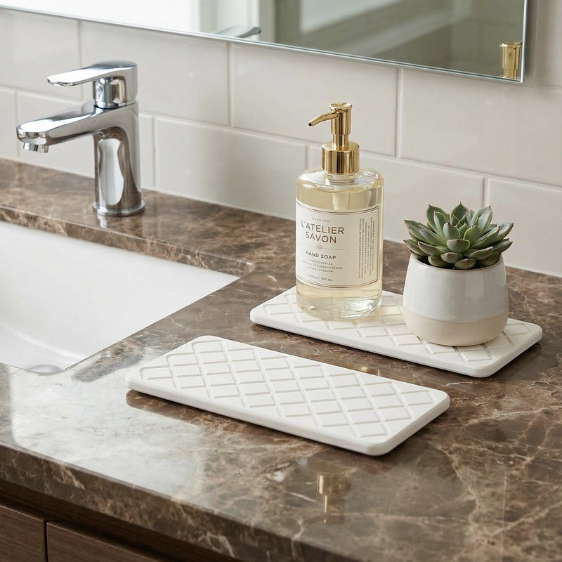 Deceram Small Fast Quick Dry Bathroom Counter Tray Water Absorbing Stone Trays for Sink Soap Dish Dispenser Sponge Holder Diatomite Stone Drying Mat for Kitchen Sink Tray White Bathroom Vanity Organizer Decor - Image 2