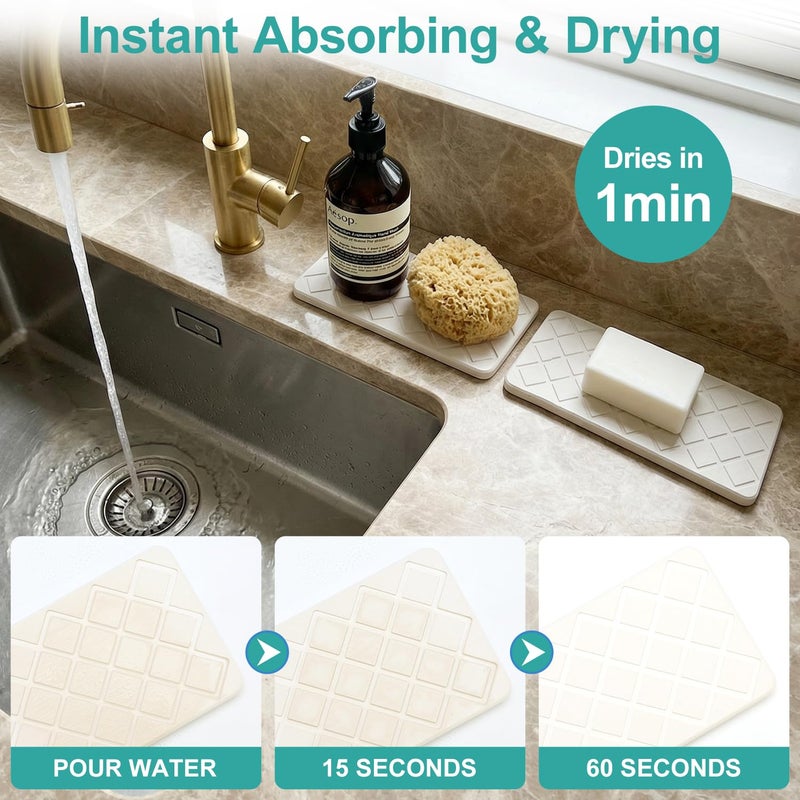 Deceram Small Fast Quick Dry Bathroom Counter Tray Water Absorbing Stone Trays for Sink Soap Dish Dispenser Sponge Holder Diatomite Stone Drying Mat for Kitchen Sink Tray White Bathroom Vanity Organizer Decor - Image 3