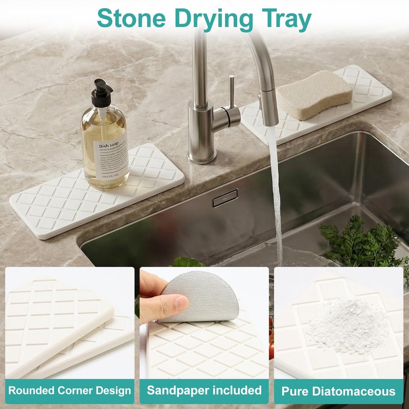 Deceram Small Fast Quick Dry Bathroom Counter Tray Water Absorbing Stone Trays for Sink Soap Dish Dispenser Sponge Holder Diatomite Stone Drying Mat for Kitchen Sink Tray White Bathroom Vanity Organizer Decor - Image 4