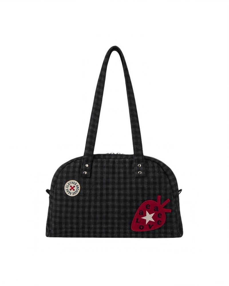 Korean AEAE Strawberry Underarm Bag, Niche Retro Shoulder Bag in Gray with Star and Plaid Pattern - Cross-Border Fashion