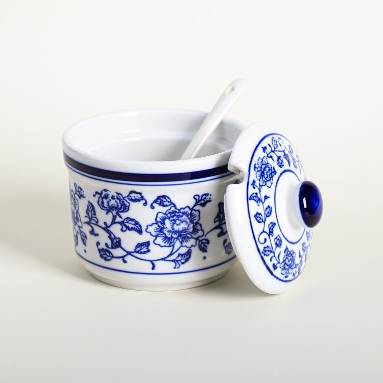 Mathew O Retro Ceramic Blue and White Sugar Bowl Seasoning Pot Storage Jar with Lid - Image 3