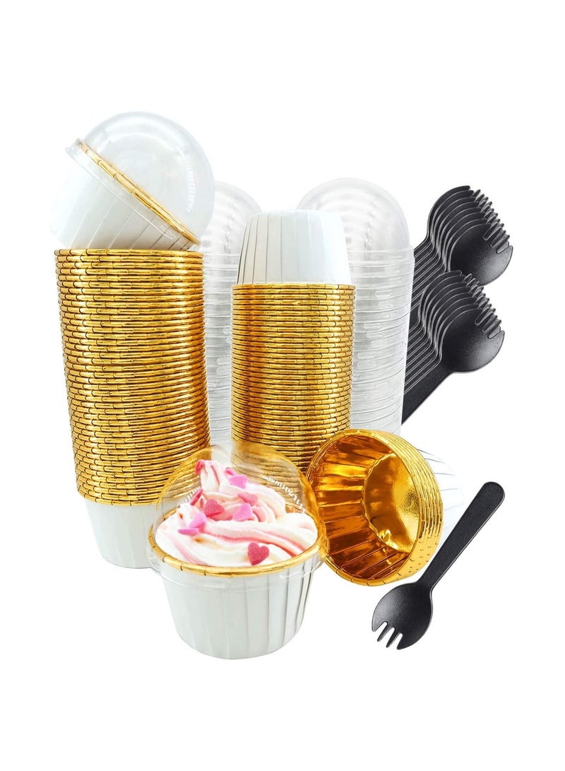 SYOSI Cupcake Liners with Dome Lids 50Pack,Free-Air 3.5Oz Mini Foil Baking Cups Muffin Liners,Disposable Ramekins Cupcake Tins Cupcake Wrappers for Wedding Birthday Party,with Spoons-White in gold - Image 1