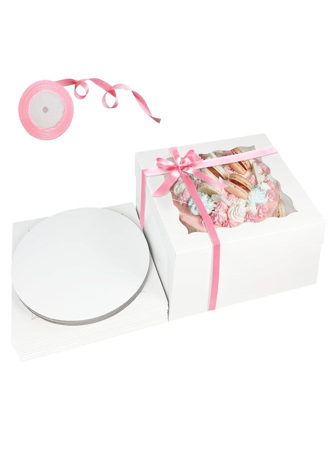 qiqee White 10x10x8 Cake Box, 4 Sets Cake Box with Window ＆ 4 Sets 10" Cake Round Boards, 10inch Cake Containers, 10 Meters Pink Silk Ribbon Includes - Image 2
