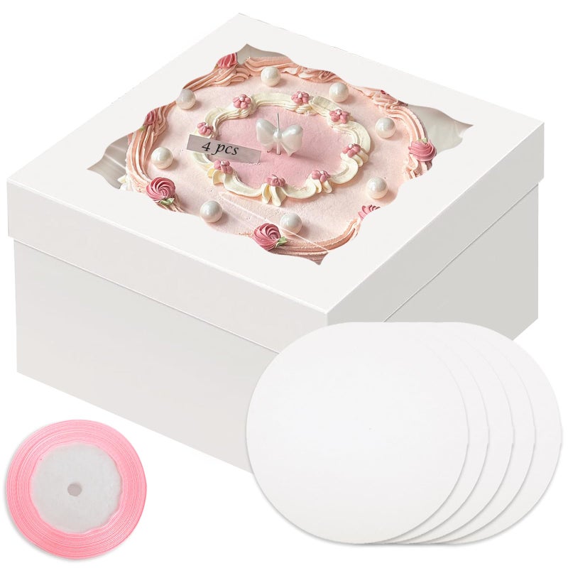 qiqee White 10x10x8 Cake Box, 4 Sets Cake Box with Window ＆ 4 Sets 10" Cake Round Boards, 10inch Cake Containers, 10 Meters Pink Silk Ribbon Includes - Image 1