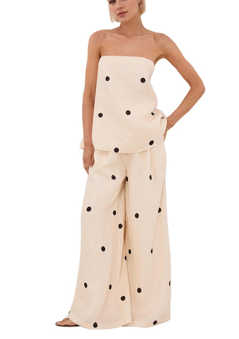MISSACTIVER Women Polka Dot Tube Top Pant Set Spot Print Strapless Bandeau Wide Leg Pants Lounge Sets Summer 2 Piece Outfits