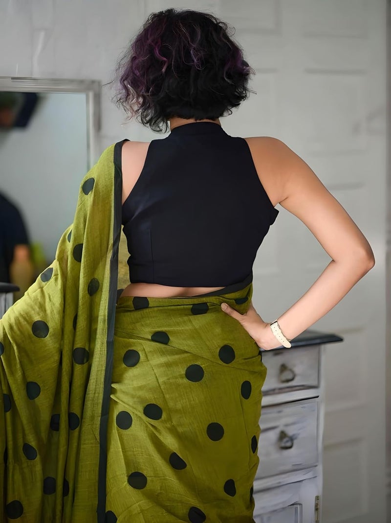 Sidhidata Women's Mehendi Green Polka Dot Printed Linen Cotton Saree with Unstitched Blouse Piece - Image 4