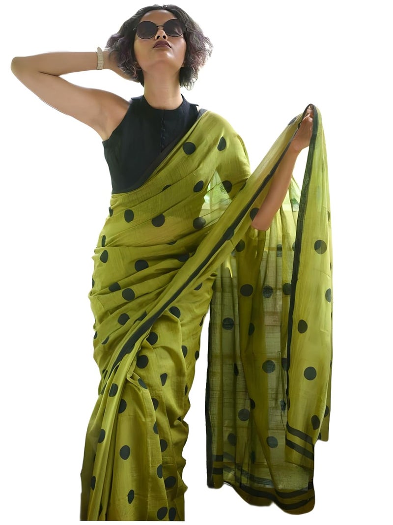 Sidhidata Women's Mehendi Green Polka Dot Printed Linen Cotton Saree with Unstitched Blouse Piece - Image 1