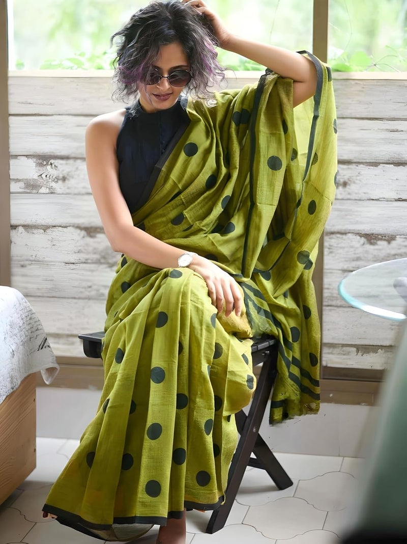 Sidhidata Women's Mehendi Green Polka Dot Printed Linen Cotton Saree with Unstitched Blouse Piece - Image 3