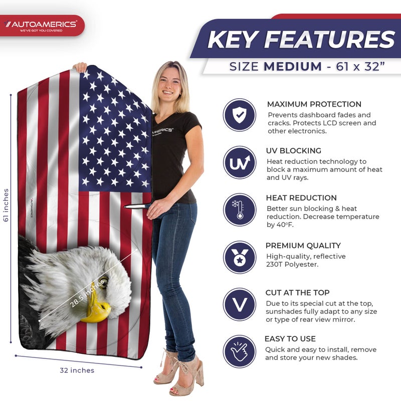 Autoamerics 1-Piece Windshield Sun Shade New American Eagle Flag USA Patriotic Design - Foldable Car Front Window Sunshade for Sedans SUV Truck - Blocks Max UV Rays and Keeps Your Vehicle Cool Medium - Image 2