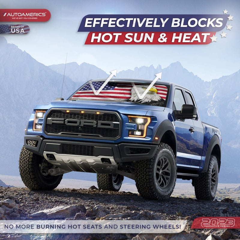 Autoamerics 1-Piece Windshield Sun Shade New American Eagle Flag USA Patriotic Design - Foldable Car Front Window Sunshade for Sedans SUV Truck - Blocks Max UV Rays and Keeps Your Vehicle Cool Medium - Image 3
