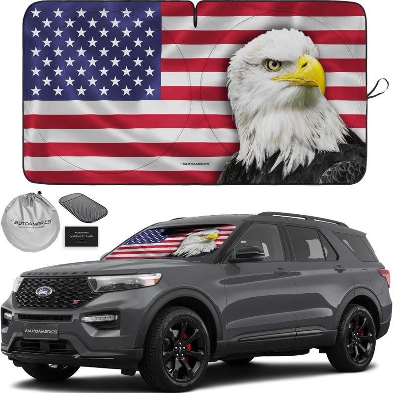 Autoamerics 1-Piece Windshield Sun Shade New American Eagle Flag USA Patriotic Design - Foldable Car Front Window Sunshade for Sedans SUV Truck - Blocks Max UV Rays and Keeps Your Vehicle Cool Medium - Image 1