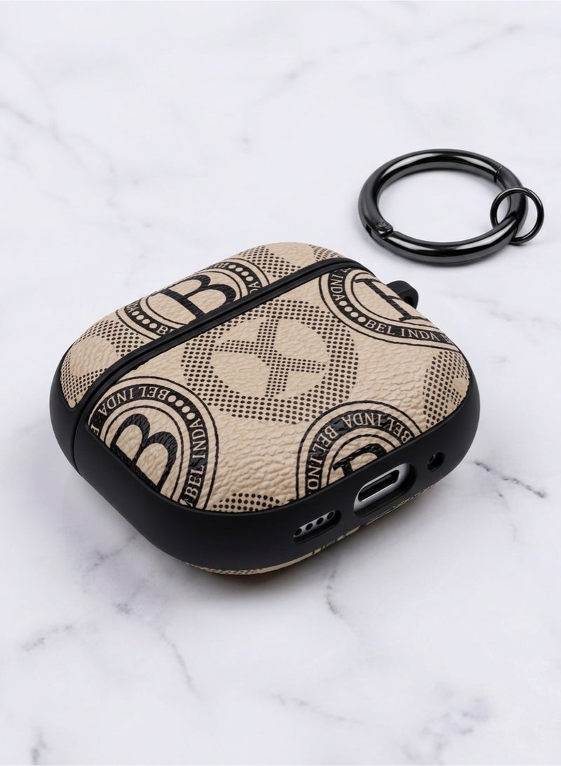 BX Apple airpods 4 Case - Retro Designer Style AirPods 4 Case Cover, Premium Textured Leather Tough Shell with Keychain, Beige & Black - Image 3