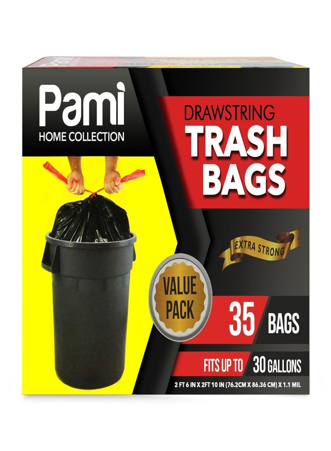 PAMI Large 30-Gallon Drawstring Trash Bags [35-Pack, Black] - Multipurpose Extra-Strong Plastic Garbage Bags- Thick Unscented Trash Can Liners For Kitchen, Bathroom, Lawn, Outdoor Bins- 2ft x2ft - Image 1
