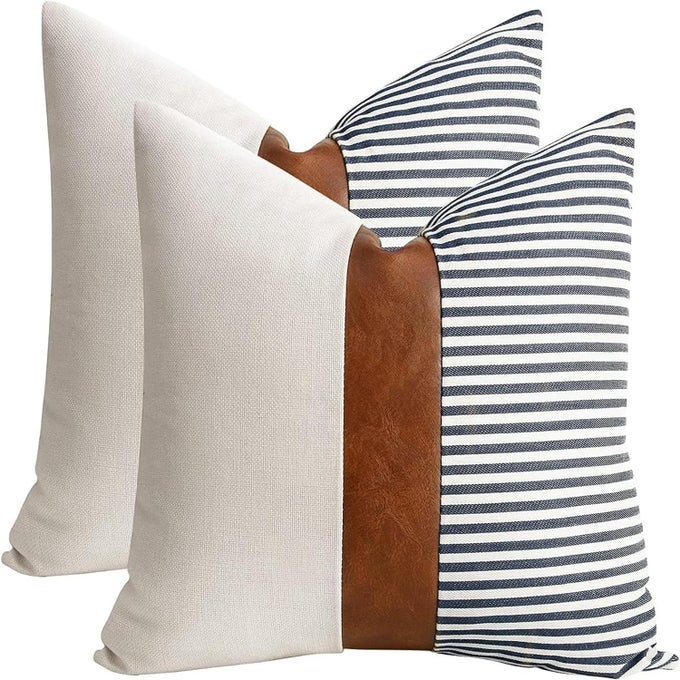 DECORATIVE THROW PILLOWCOVERS 18X18 SET OF 2 MODERN WHITE AND NAVY BLUE STRIPED BROWN ARTIFICIAL LEATHER LINEN PATCHWORK CUSHION COVER FOR BED BEDROOM SOFA