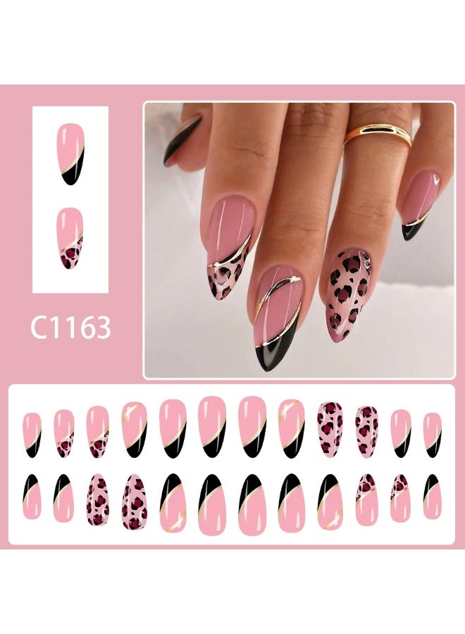 Goolsky Drop-shaped Press-on Nails with Pink French Lines & Leopard Print - Image 1