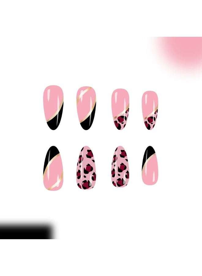Goolsky Drop-shaped Press-on Nails with Pink French Lines & Leopard Print - Image 2