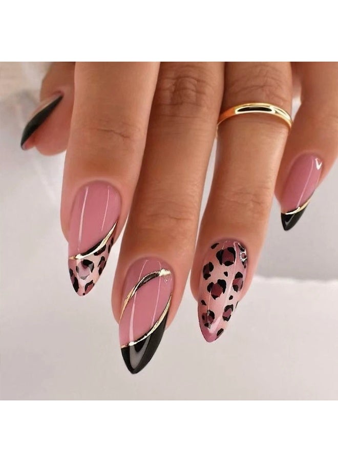 Goolsky Drop-shaped Press-on Nails with Pink French Lines & Leopard Print - Image 4