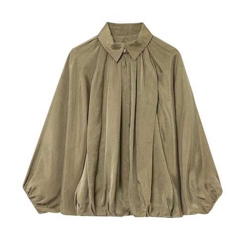 Xunger Women's Puffed Bomber Jacket Oversized Streetwear Casual Batwing Sleeve Lapel Collar Zip Front Pleated Shirts(1036-Green-L-RD) - Image 1