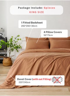 LUNA Home Premium King Size 6 Pieces Bedding Set without filler Solid Brown Tan Color, Satin Stripe Design.  - Image 2